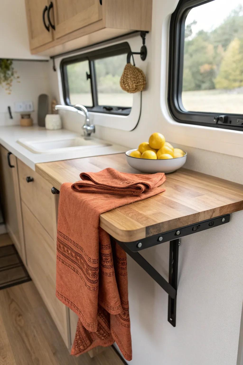 Fold-down counter extension: instant RV prep space with Scandinavian style and bold contrast.