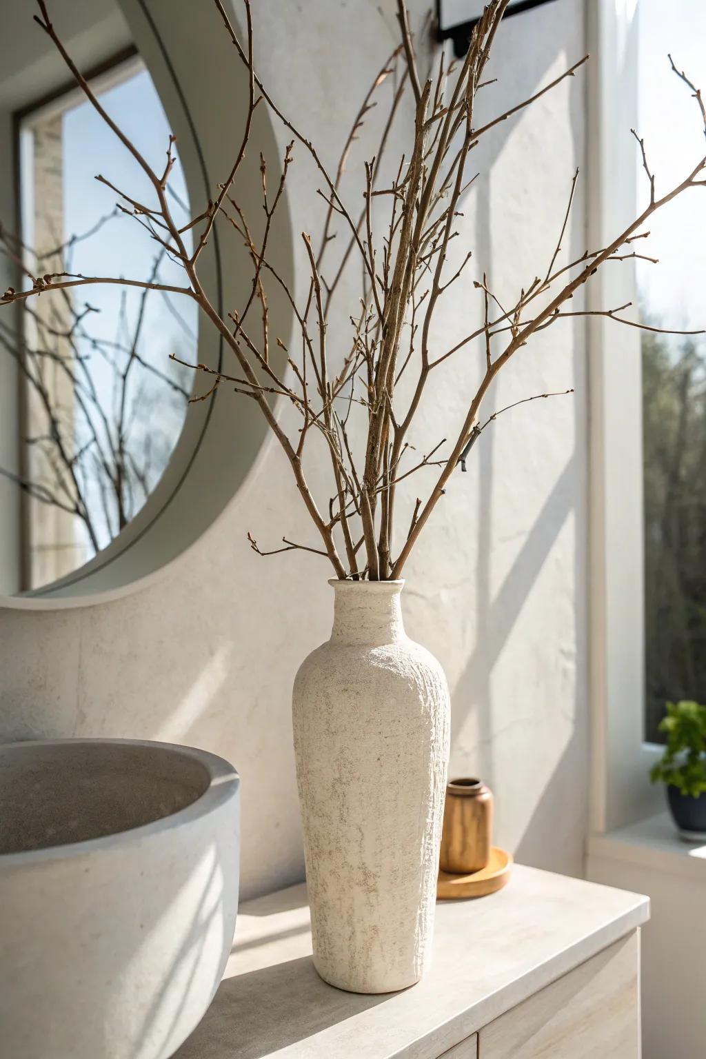 A tiny Nordic forest in a vase—minimal branches for big Scandi drama in a small bath.