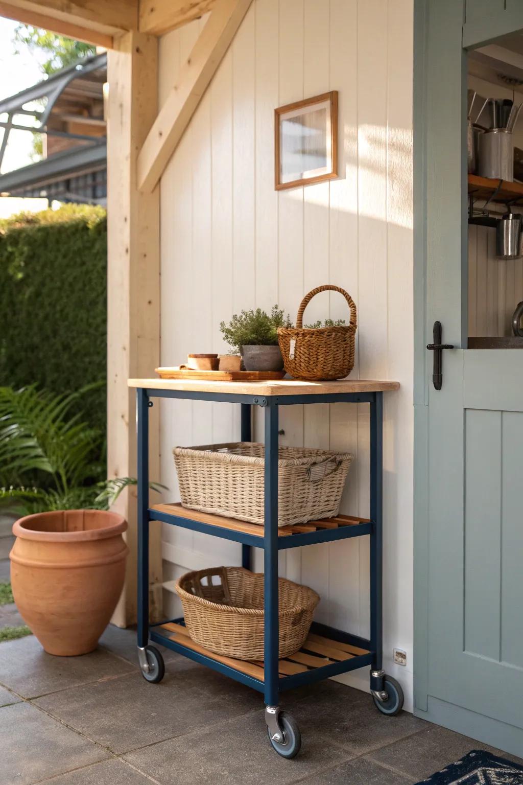 Slide-out rolling cart storage: tuck it under your worktop for a tidy shed and a bold color pop.