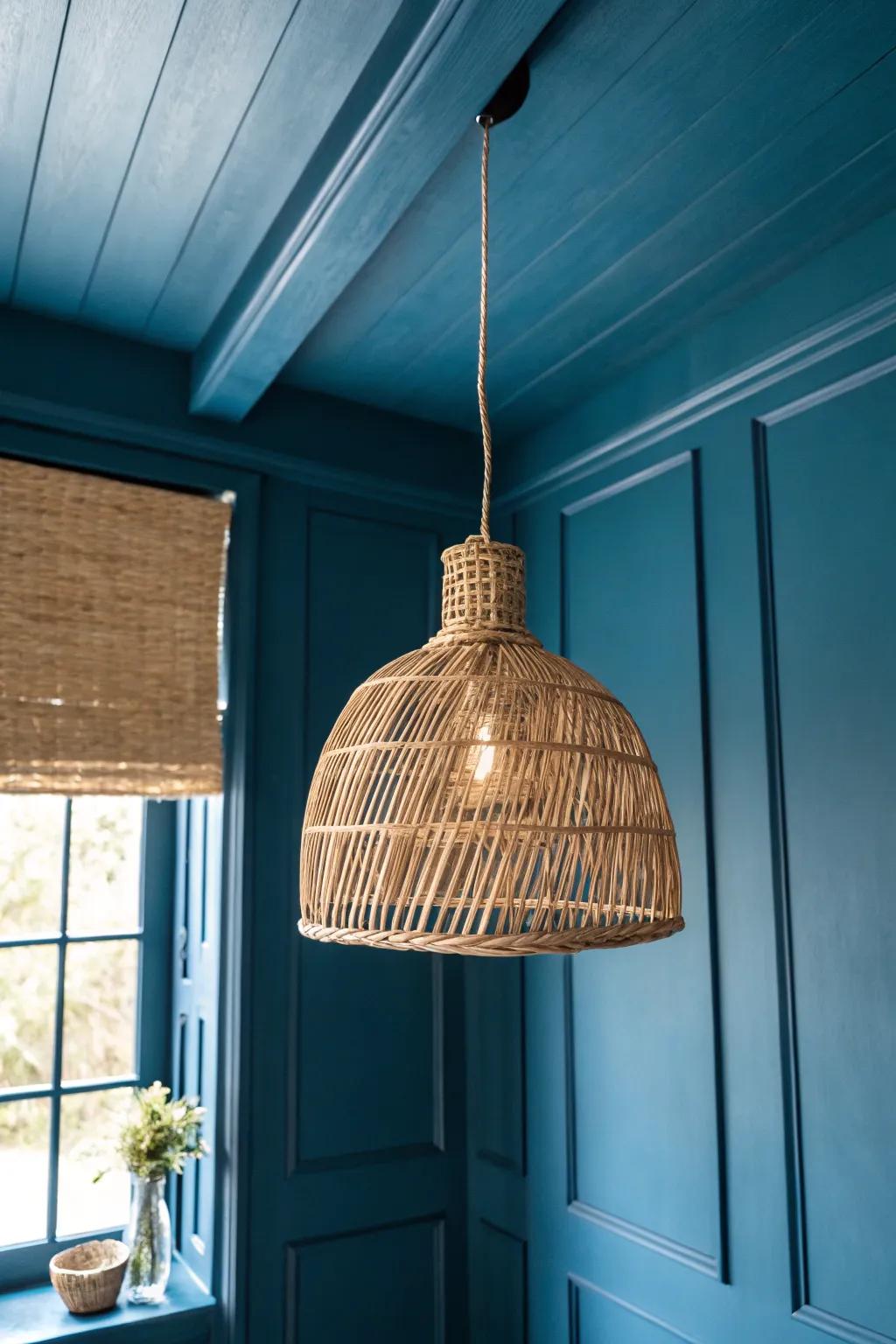 Color-drenched walls + one artisan rattan pendant = a tiny room that feels seamless and calm.
