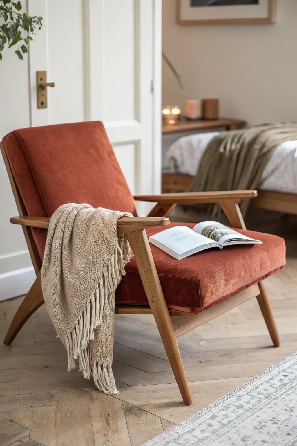 A bold, cozy reading chair that makes a spare-room corner feel special—yet still guest-ready.