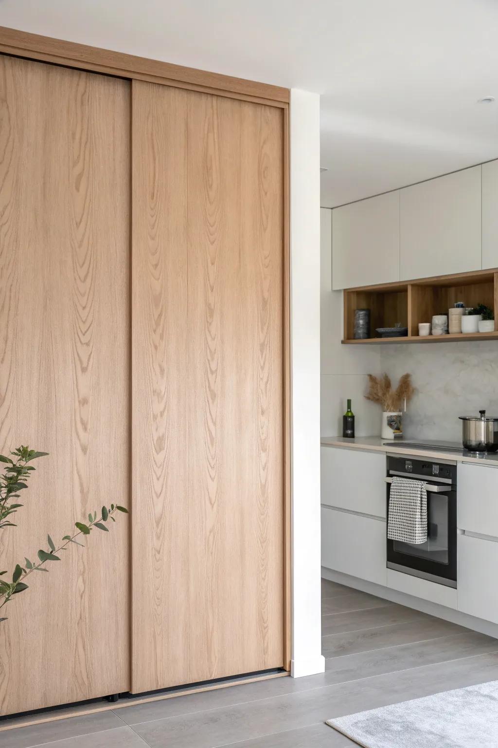 A sliding panel in bold terracotta hides kitchen clutter and keeps a small square layout calm.