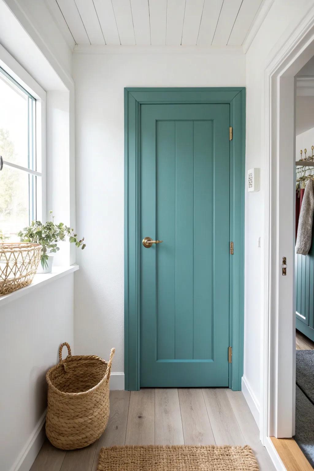 A matte teal door makes a tiny bathroom feel cohesive—bold, renter-friendly, and beautifully minimal.