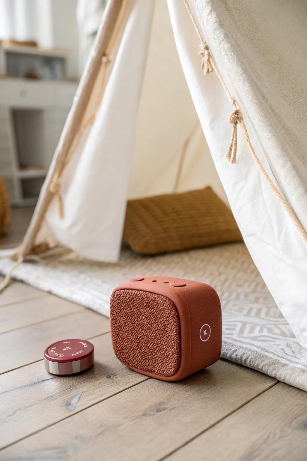 Set a tiny speaker outside the tent—rain sounds or soft music make it feel private and cozy.