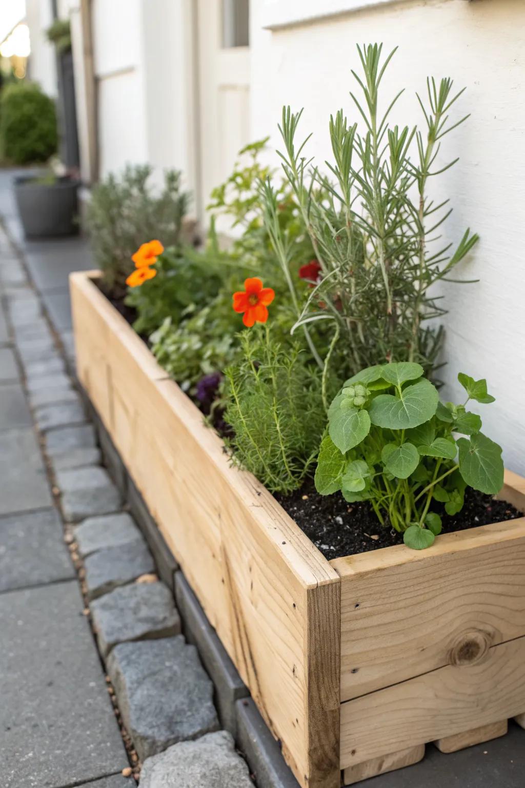 A slim herb planter border turns a tiny townhouse entry into a practical, pretty welcome.