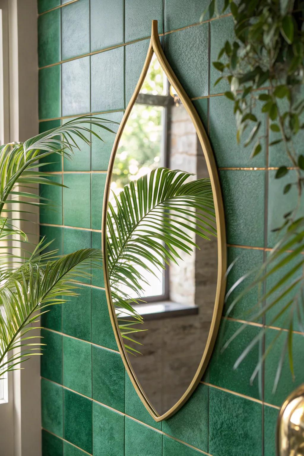 A leaf-shaped mirror adds instant tropical getaway style—even in the smallest bathroom.