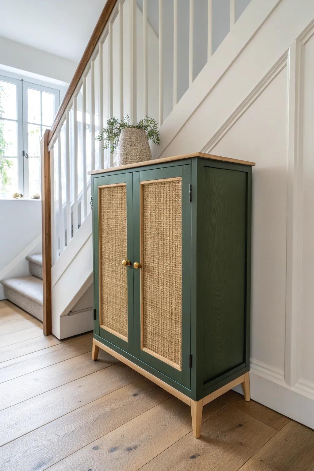 A tiny door-front linen cabinet keeps your upstairs landing serene while hiding towels and cords.