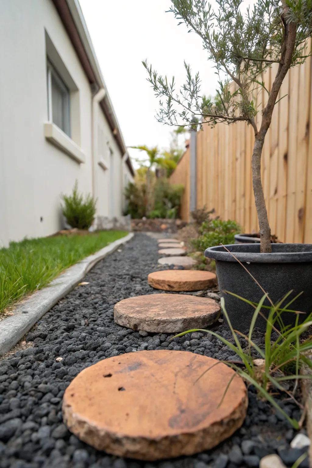Turn that narrow side strip into a bonus path with bold stepping stones and sleek gravel.