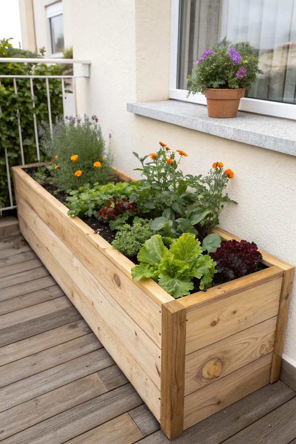 Slim pollinator border: veggies centered, flowers edging the bed for a styled small-space garden.