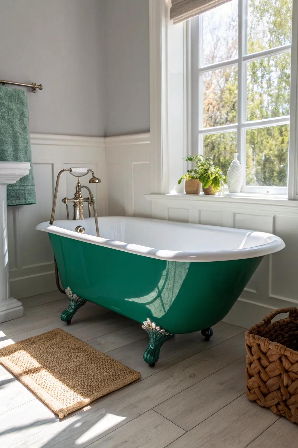 A jewel-tone painted tub exterior delivers Victorian drama without stealing small-space square footage.