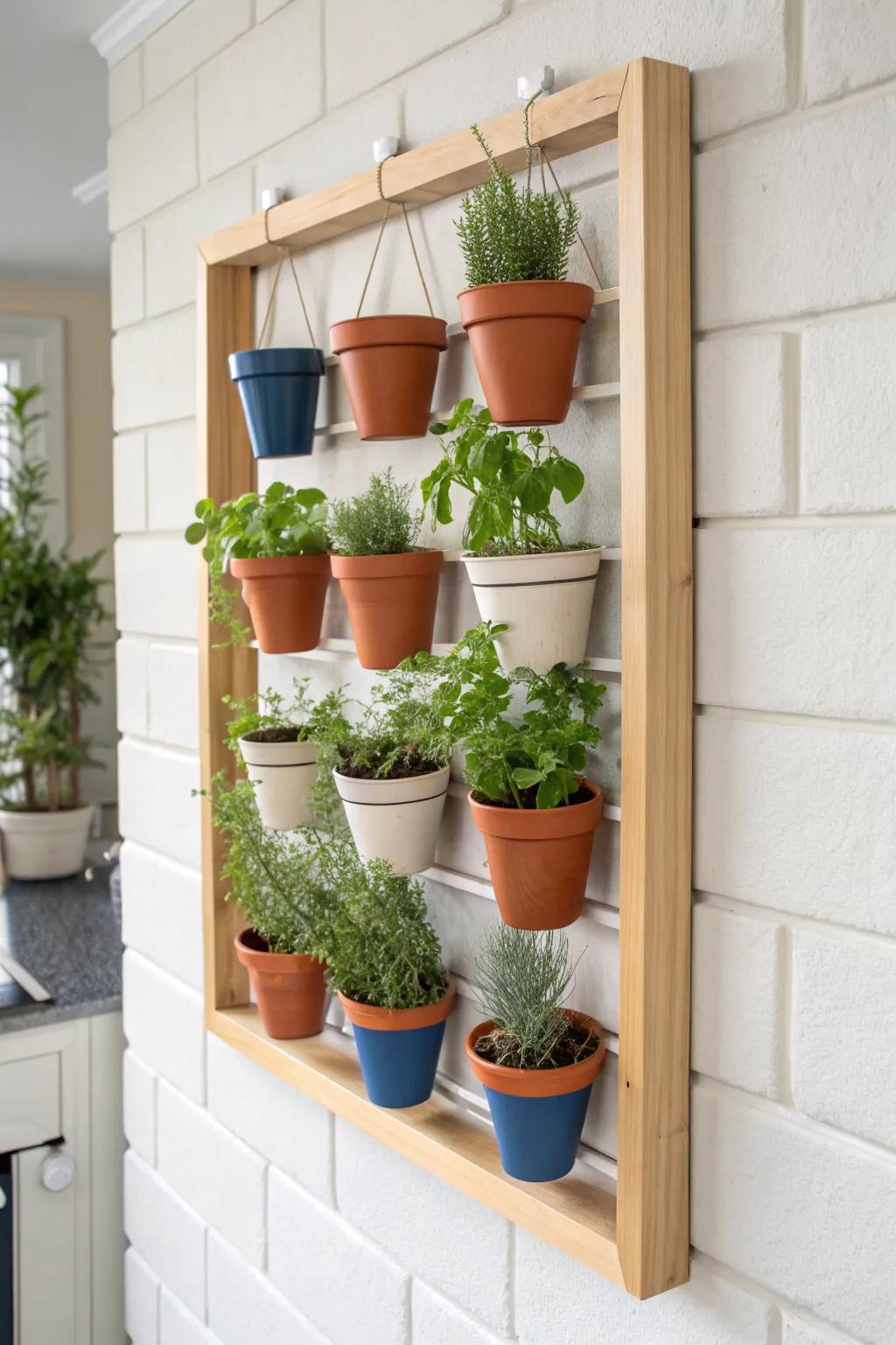 Turn a blank wall into living art: a grid of tiny herb pots with lush trailing greens.