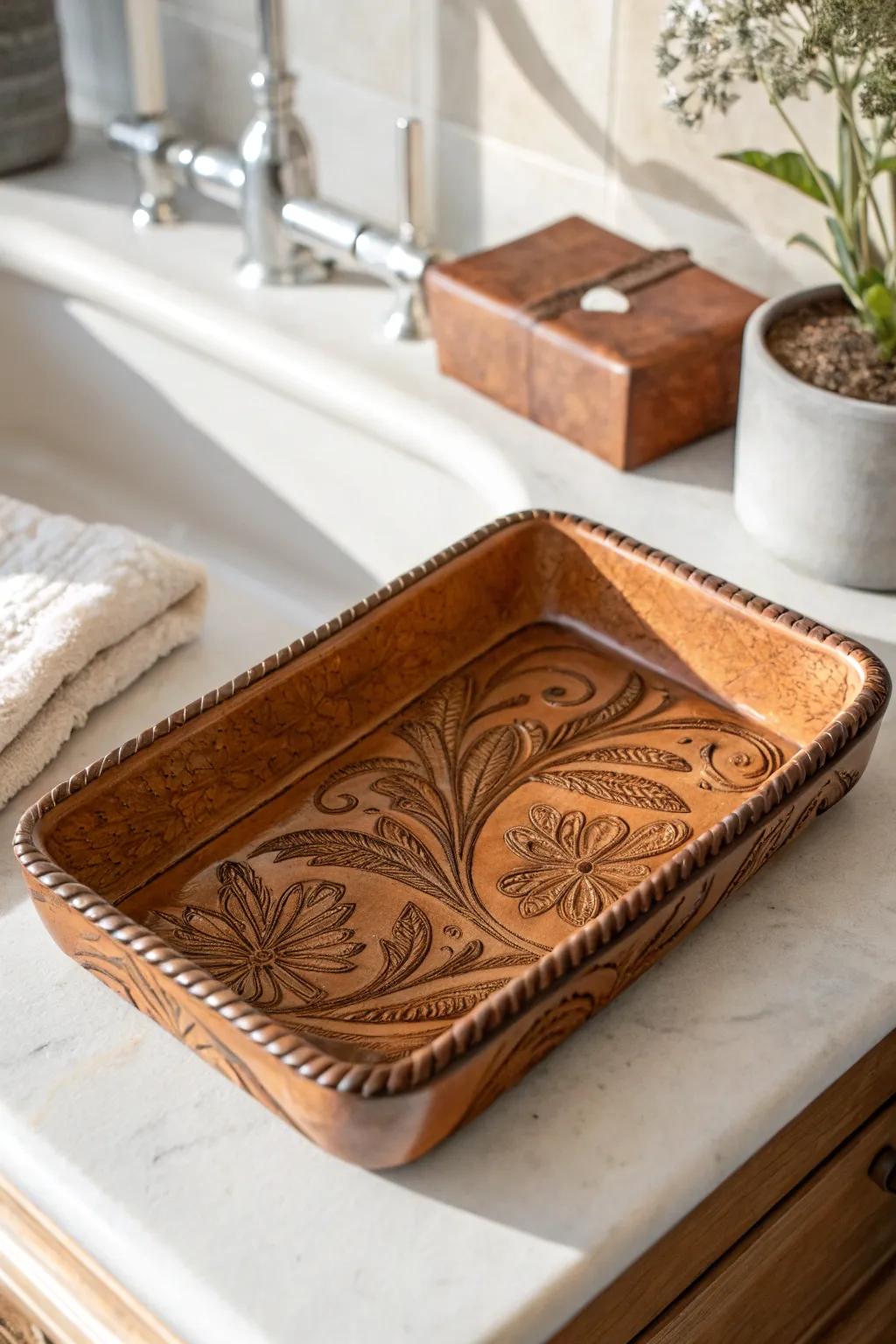 A tooled-leather look tray adds instant Western charm while keeping a tiny vanity clutter-free.