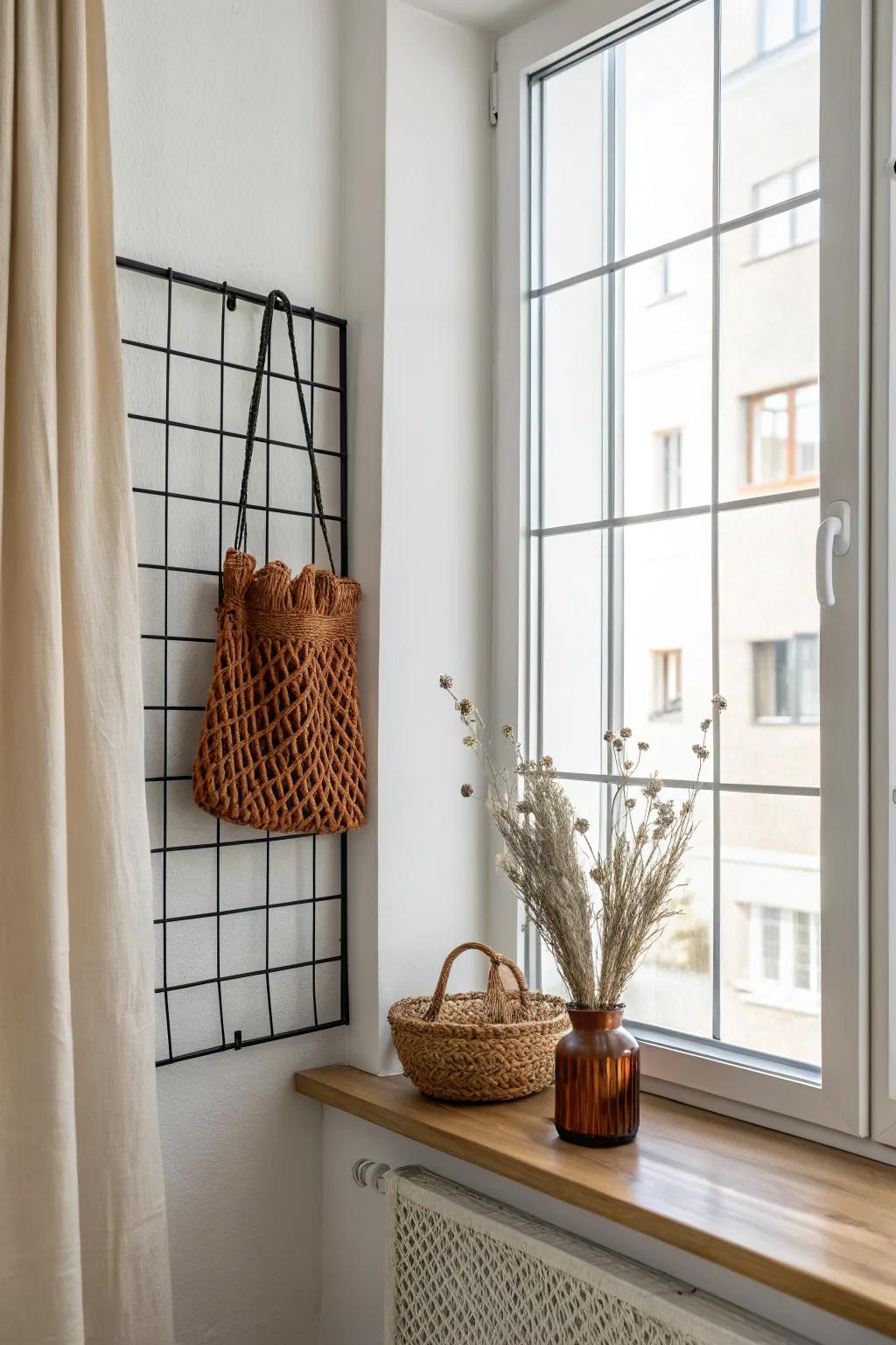 Make a tiny window feel styled: a floating grid display keeps it airy, tidy, and bold.