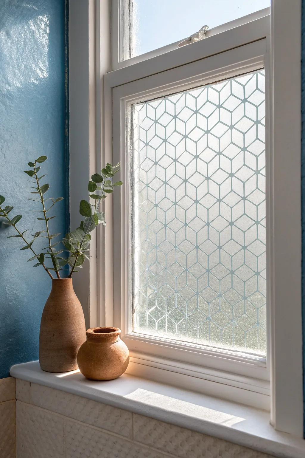 Frosted privacy film keeps small windows bright and renter-friendly—no bulky curtains needed.