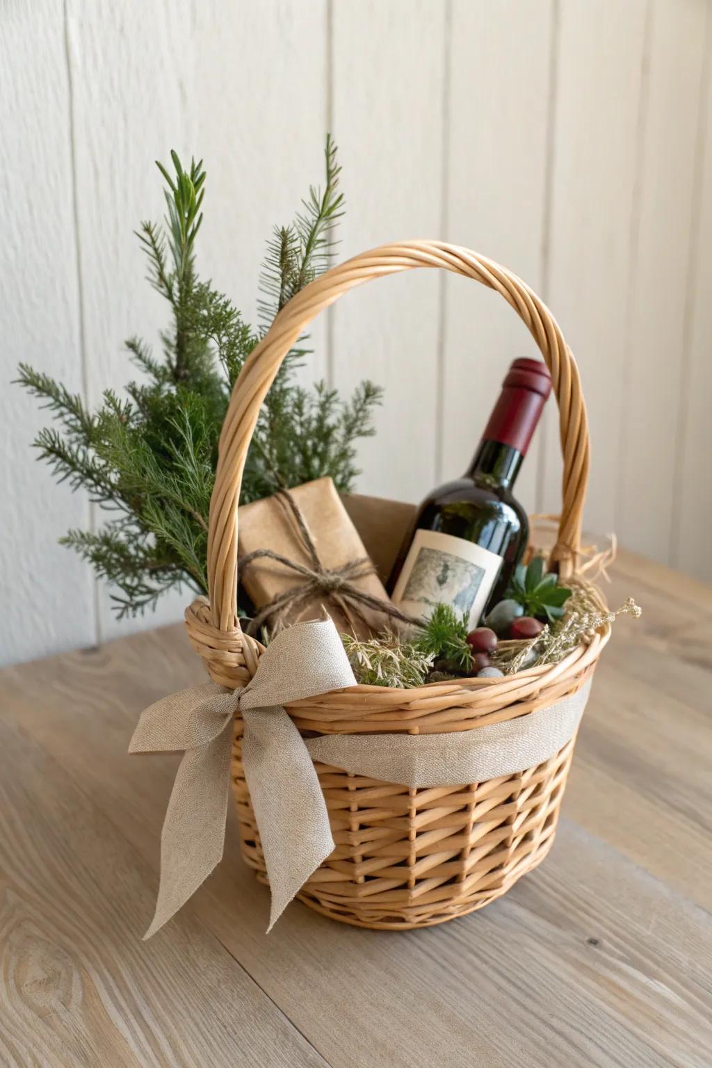 Evergreen sprig + terracotta ribbon makes a tiny wine basket feel instantly festive and luxe.