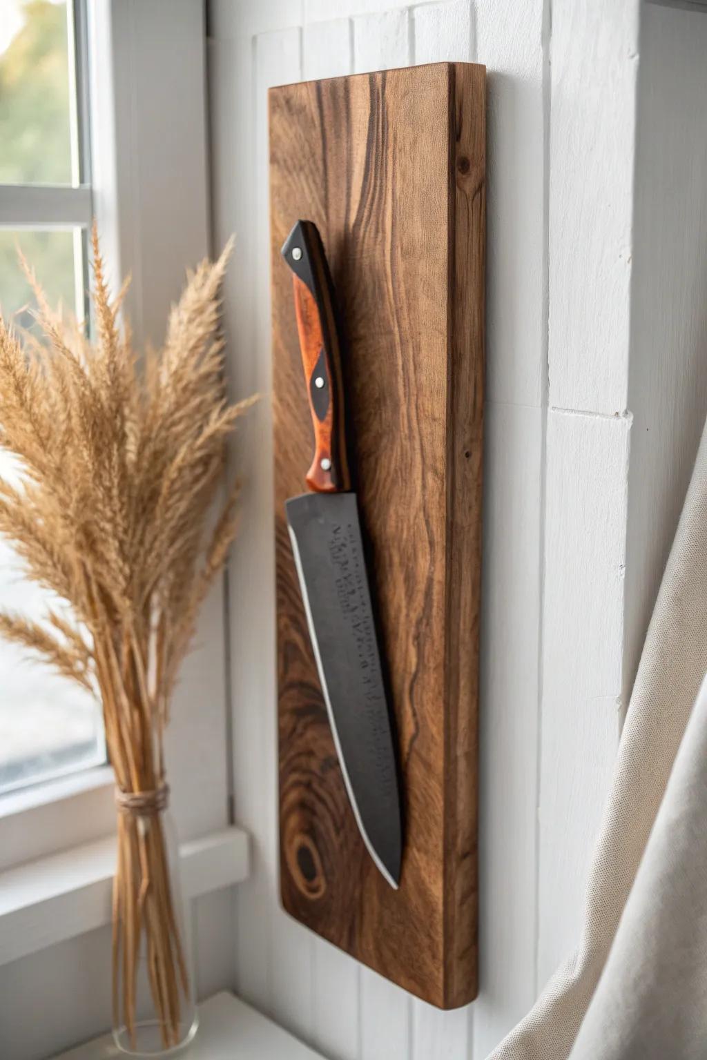 A slim live-edge slab becomes a floating magnetic knife board—drawer space instantly freed.