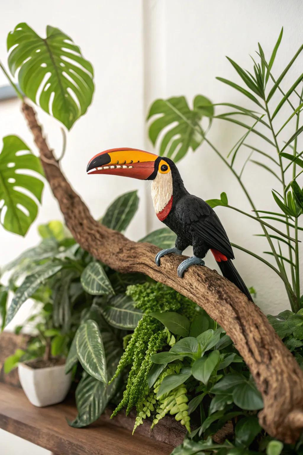 Embark on a rainforest expedition with this handcrafted toucan centerpiece, where bold colors meet natural simplicity.
