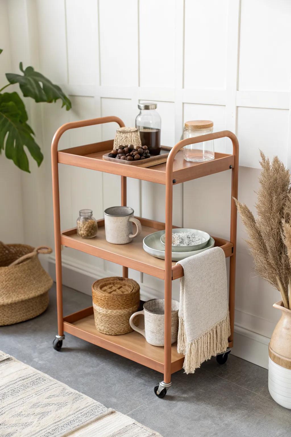 A chic rolling cart coffee station—extra counter space that tucks away in seconds.