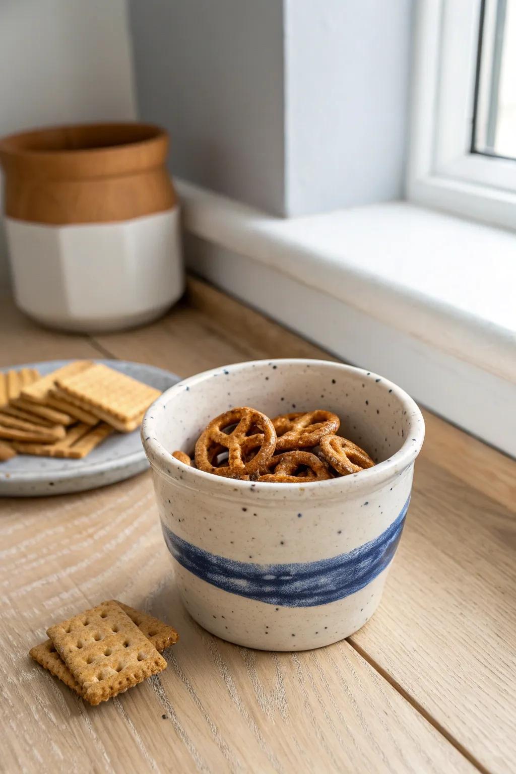 Pre-portion pretzels & crackers into a grab cup for a neat, mindful snack bin.