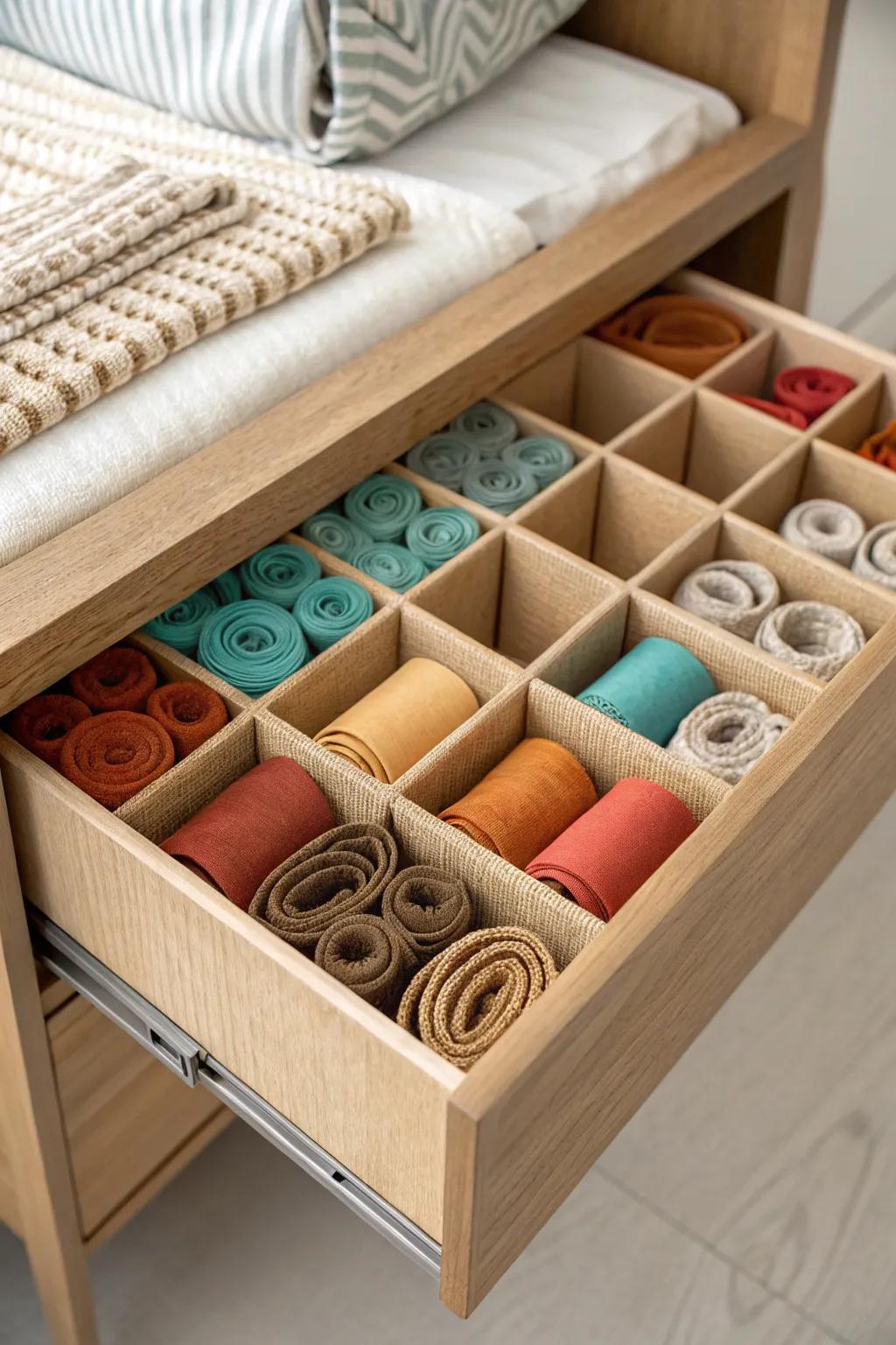 DIY honeycomb sock drawer: cardboard tube cells keep pairs neat, colorful, and easy to grab.