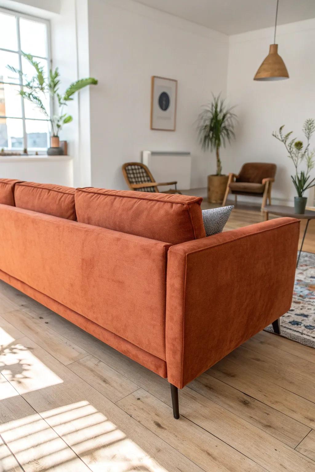 Float the sofa to reveal a secret reading nook—cozy, layered, and luxe in a small space.