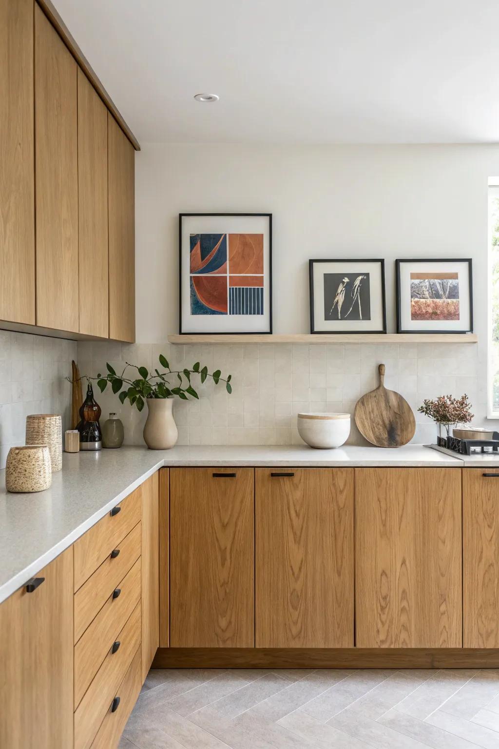 Turn the space above cabinets into a tiny gallery—art + sculptural objects with breathing room.