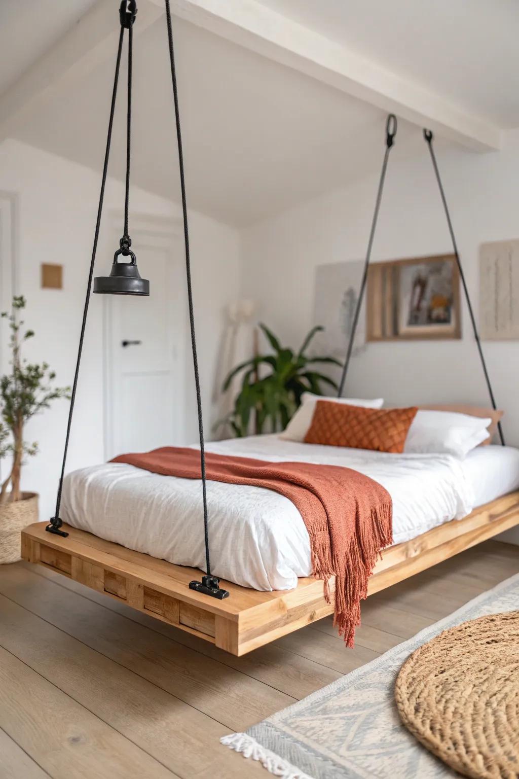 A ceiling-lift bed floats up and away—instant floor space and a total one-room transformation.