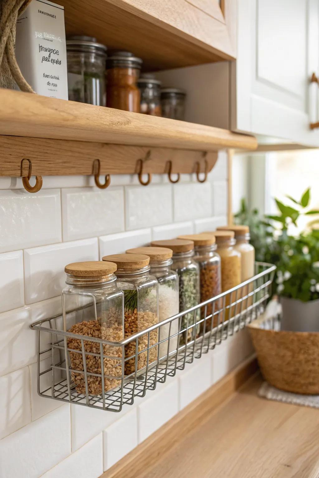 Add a hidden spice shelf—an under-cabinet basket creates instant extra storage.