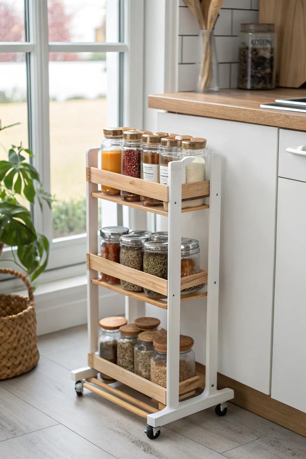 Slim rolling cart + side spice rack: a mini pantry that parks anywhere in a tiny kitchen.