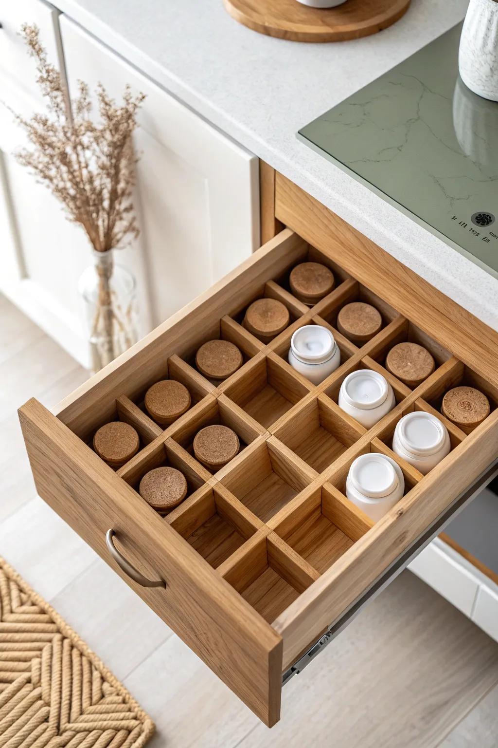A deep-drawer spice canister grid that keeps every jar tidy, stable, and instantly findable.