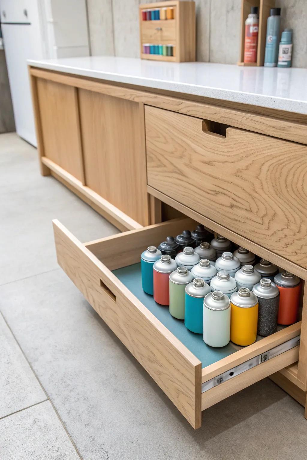 A hidden toe-kick drawer turns wasted space into sleek, colorful spray-paint storage.