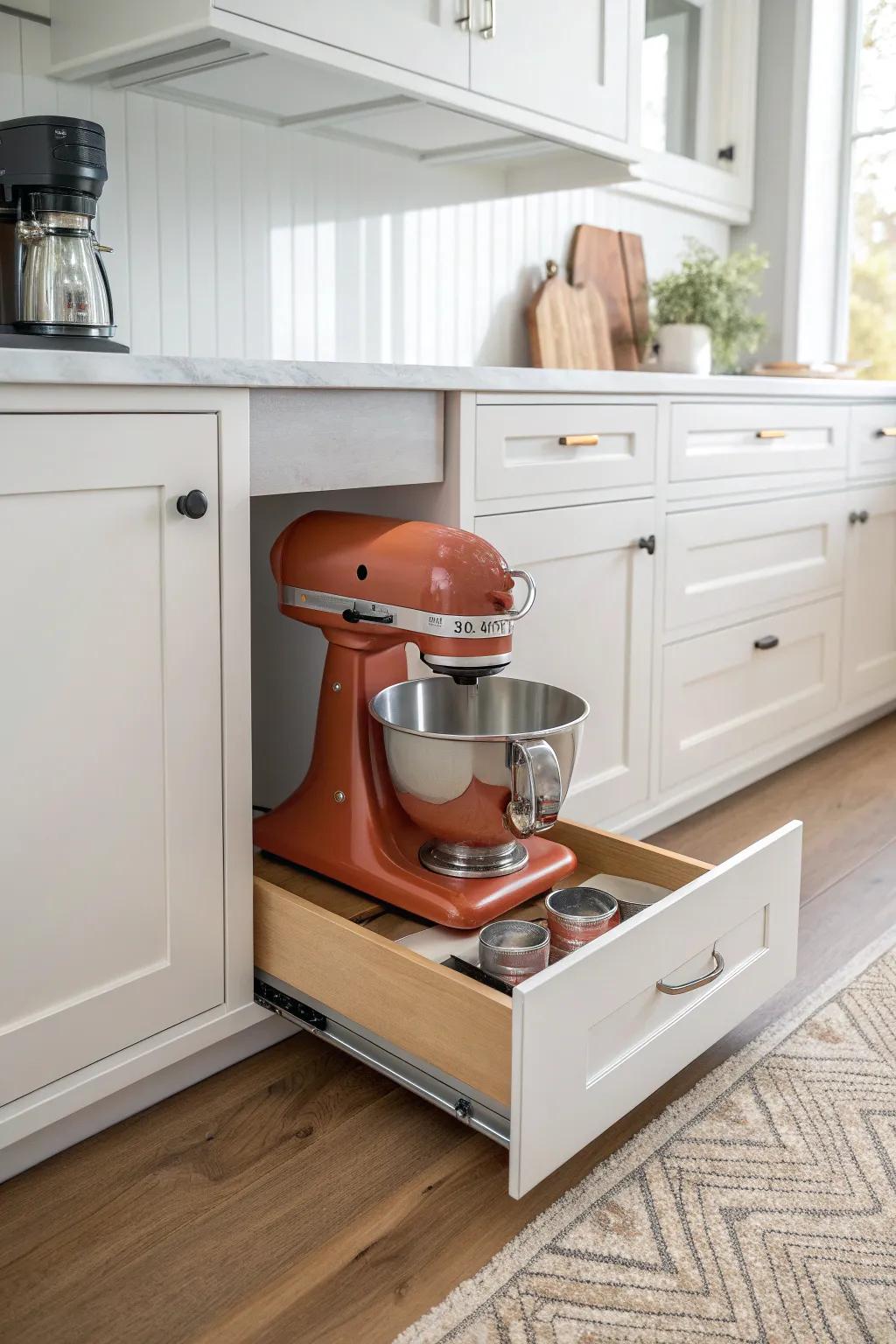 A hidden toe-kick drawer turns wasted space into a sleek spot for your stand mixer base.