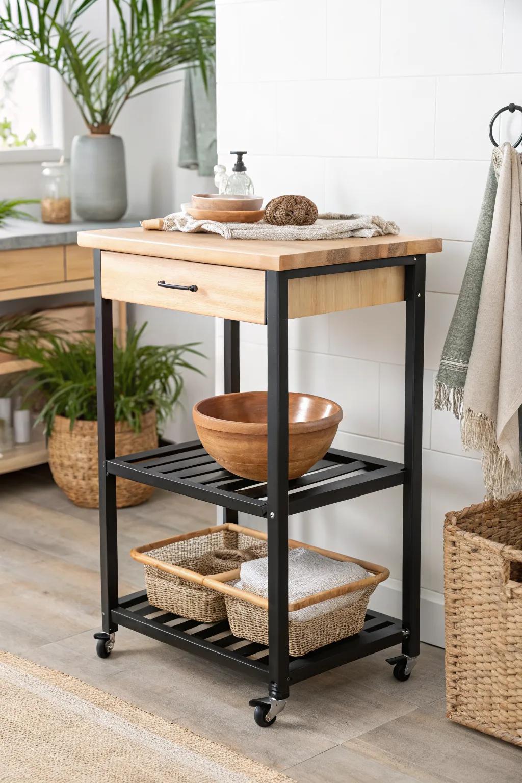 A rolling cart becomes a mini kitchen island—extra prep space, storage, and easy serving.