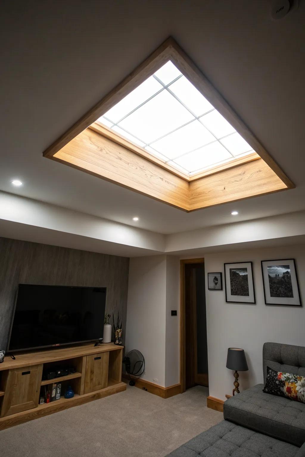 Fake a skylight: a framed daylight ceiling panel that makes a basement studio feel airy.