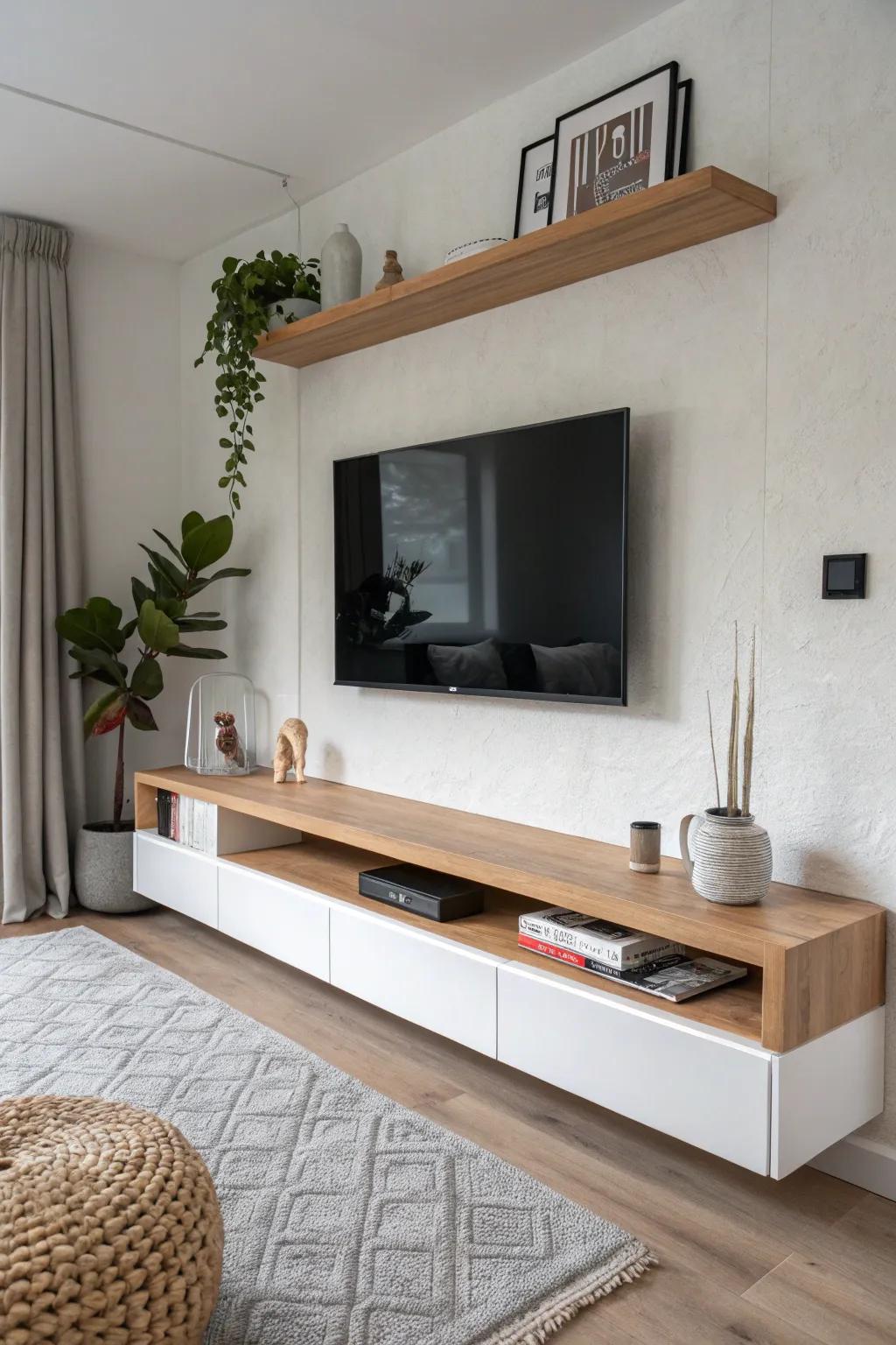 A sleek built-in work ledge beside the TV wall keeps your living room study zone tidy.