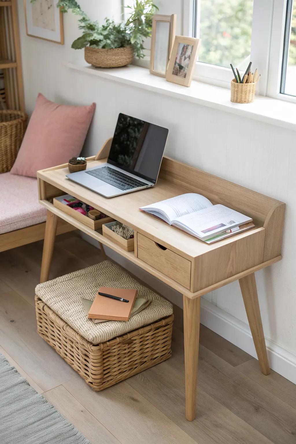 A bench-seat study nook with hidden storage—small-space friendly and beautifully clutter-free.