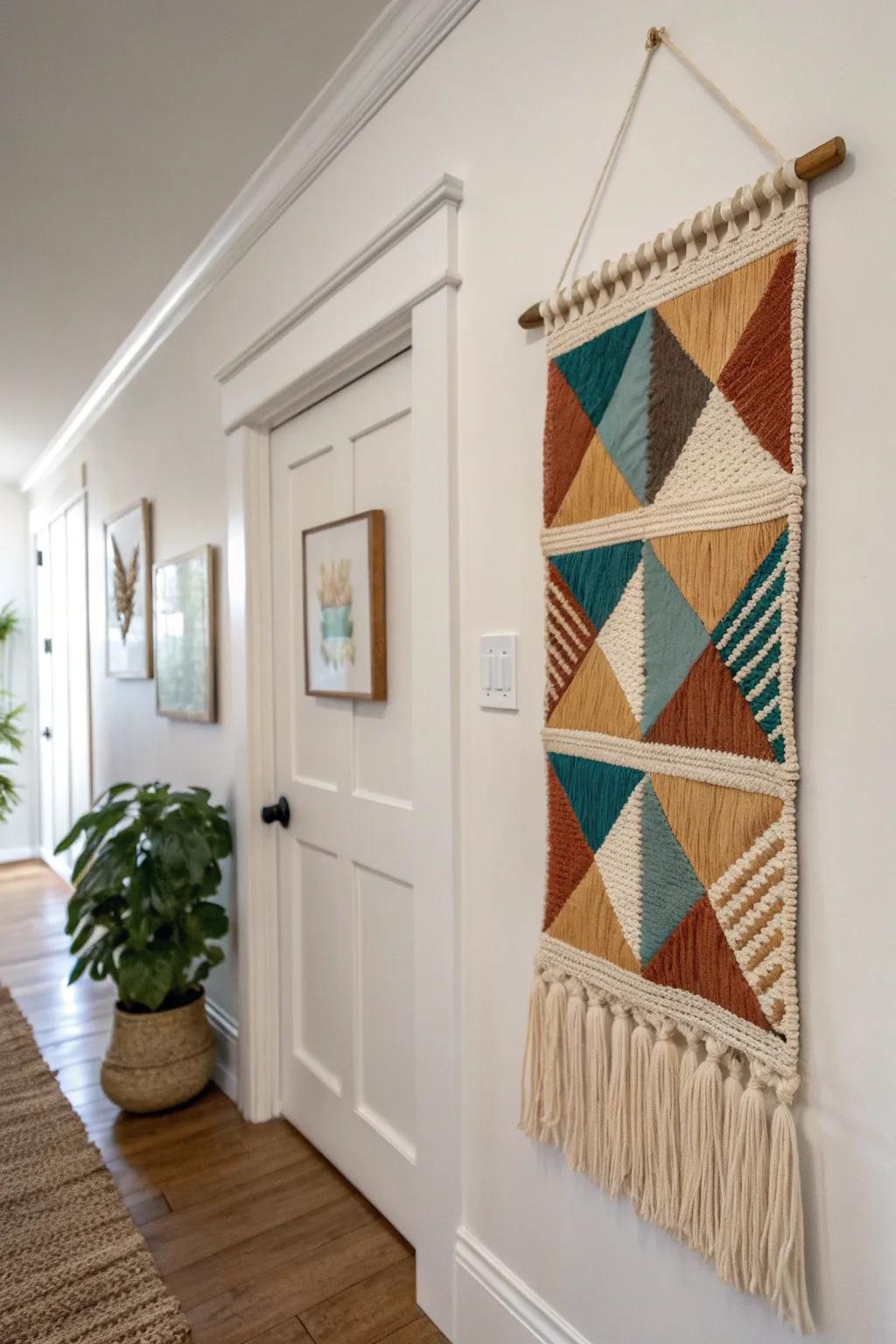 Mini tapestry collage: three handwoven panels in a neat grid for light, playful texture.
