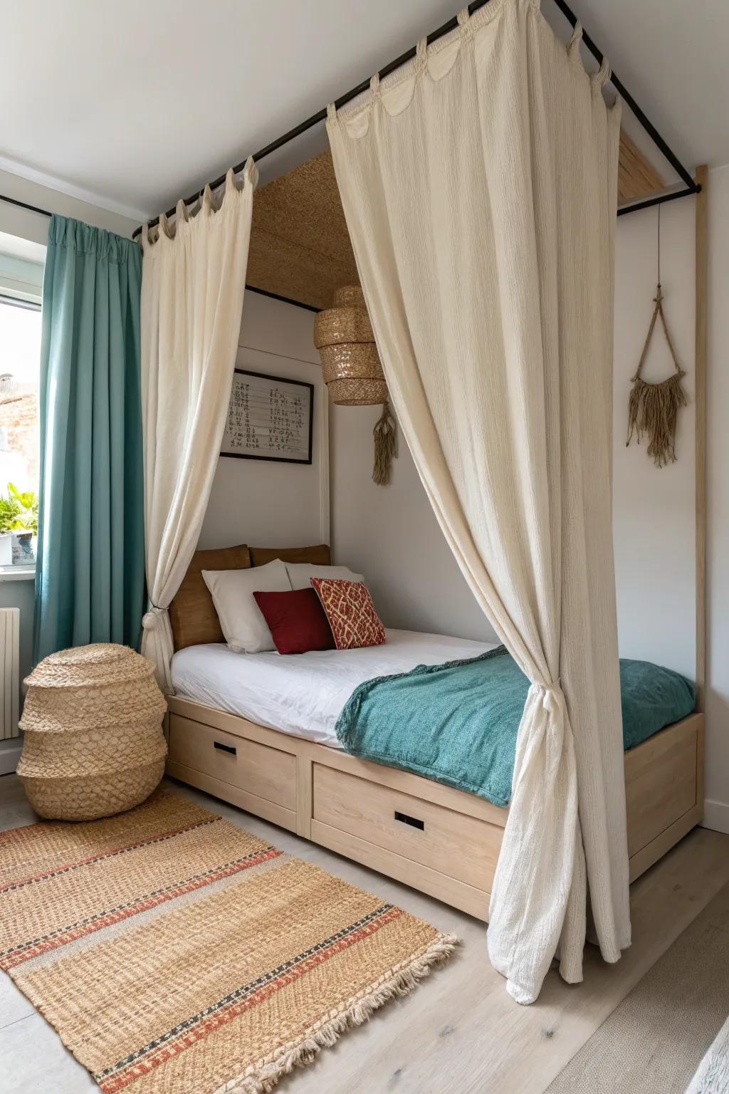 A ceiling-mounted linen curtain turns a small teen bed into a cozy, private “teen cave.”