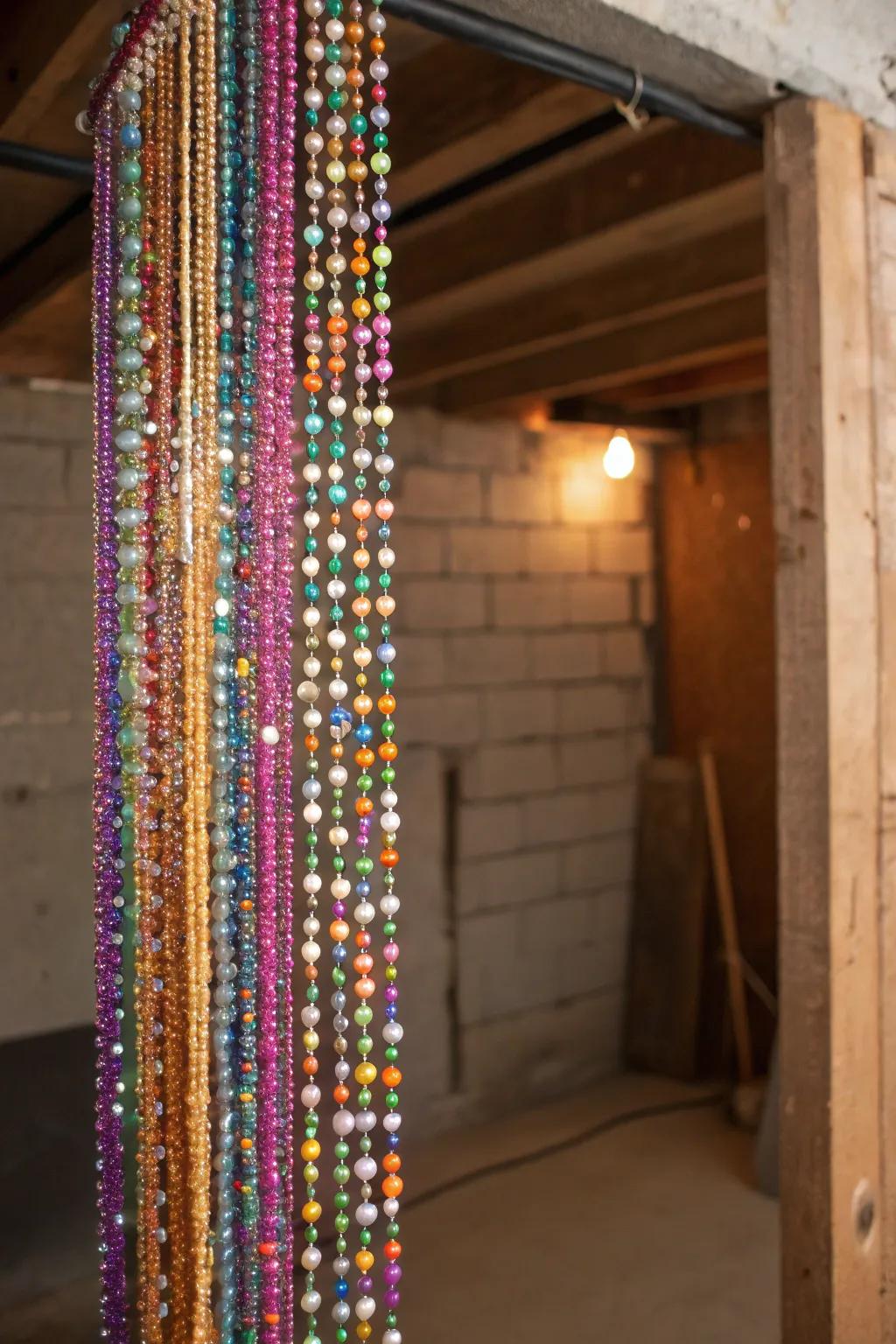 Elevate your unfinished basement with a splash of retro charm through beaded curtains.