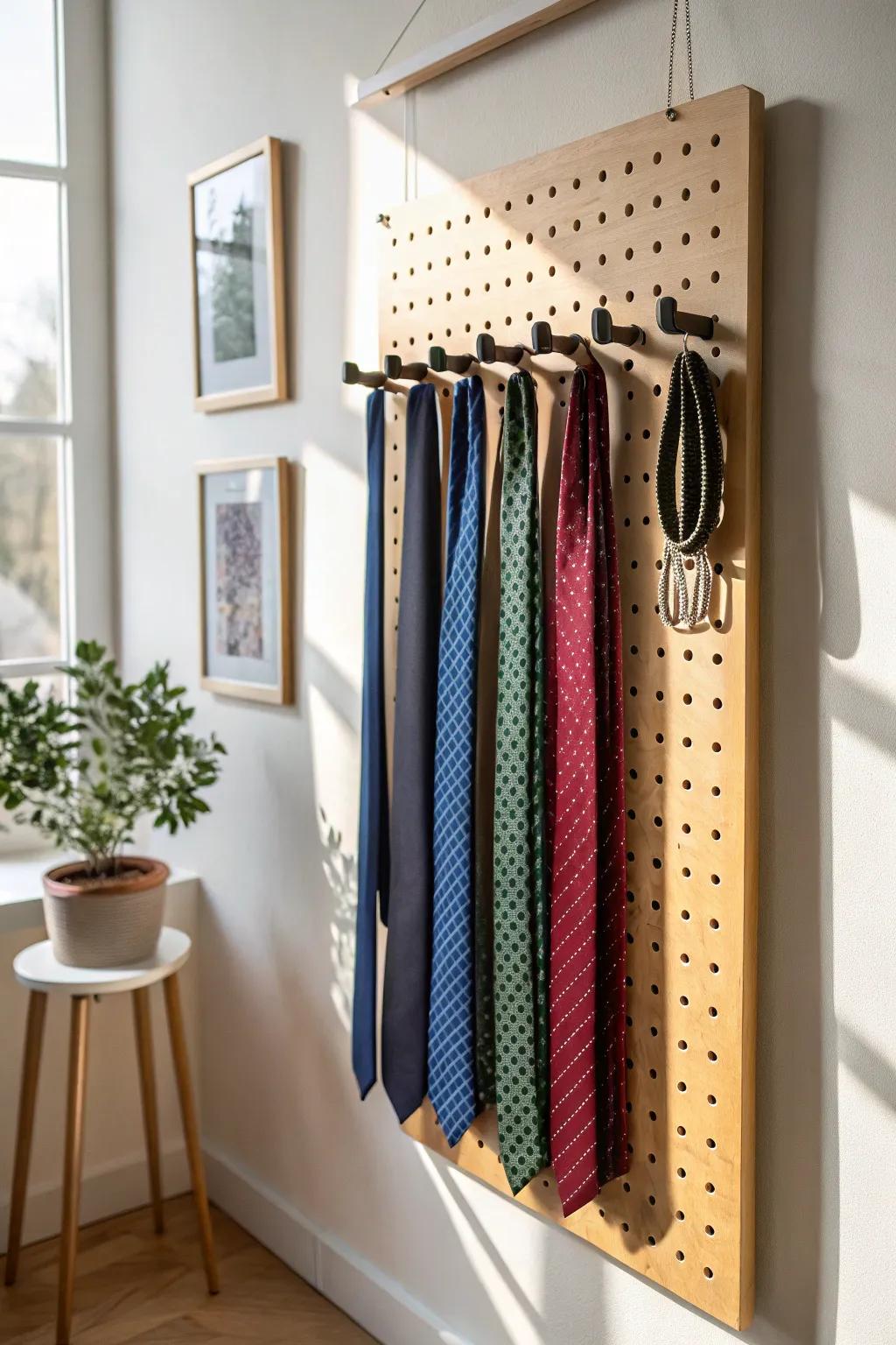 A pegboard tie wall turns your collection into decor—organized, visible, and beautifully bold.