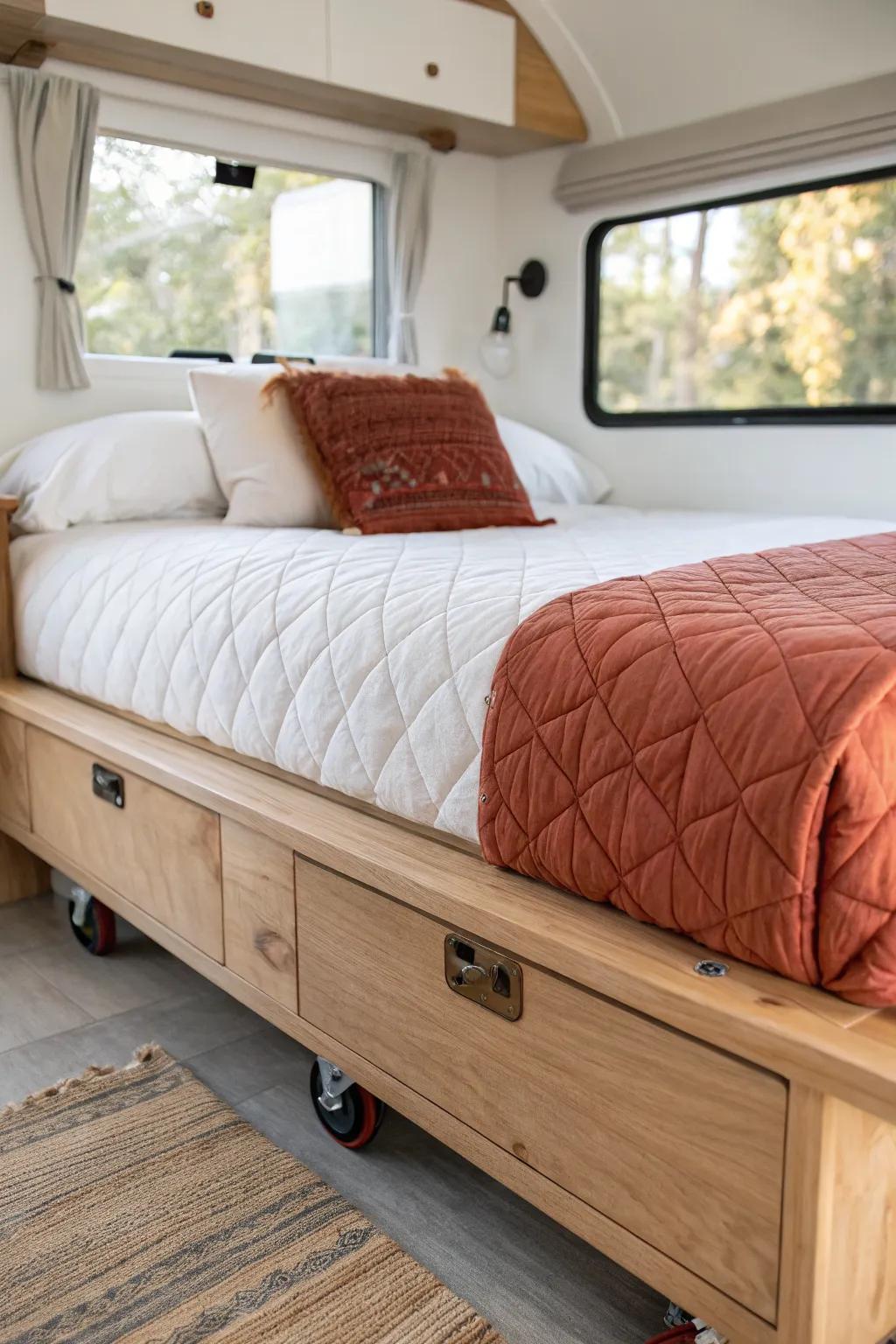 A rolling bed that glides under a counter—tiny-home magic with bold color and clean lines.