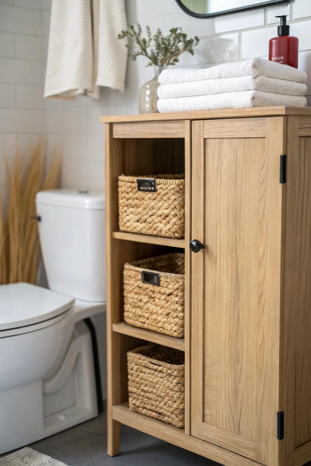 Built-in style over-toilet cabinet: slim, airy storage with baskets for tiny bathrooms.