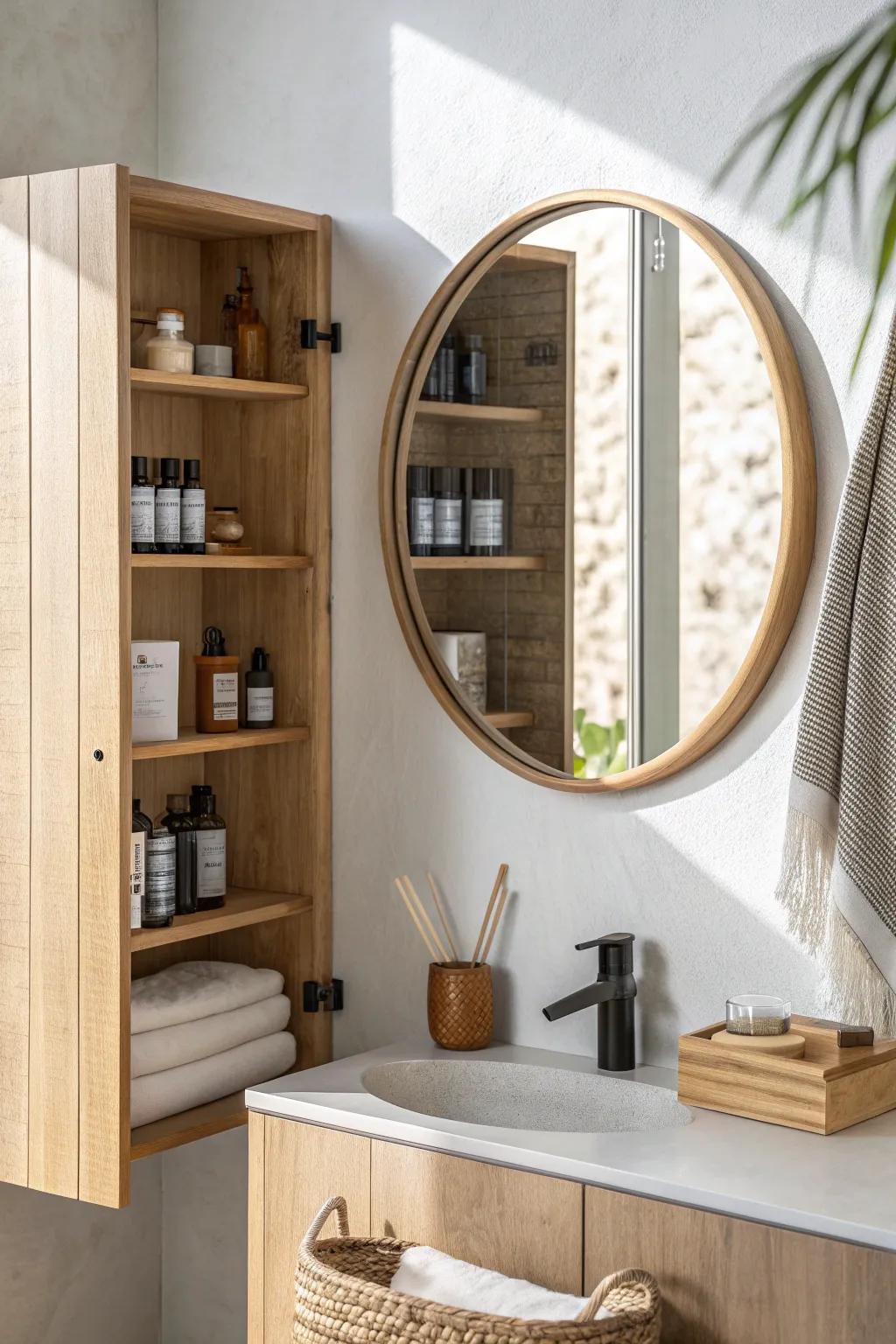 A mirror that swings open—secret storage that keeps tiny home counters beautifully clear.