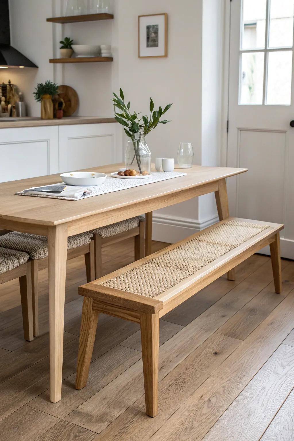 Backless bench that slides under the table—instant tiny-house dining space upgrade.