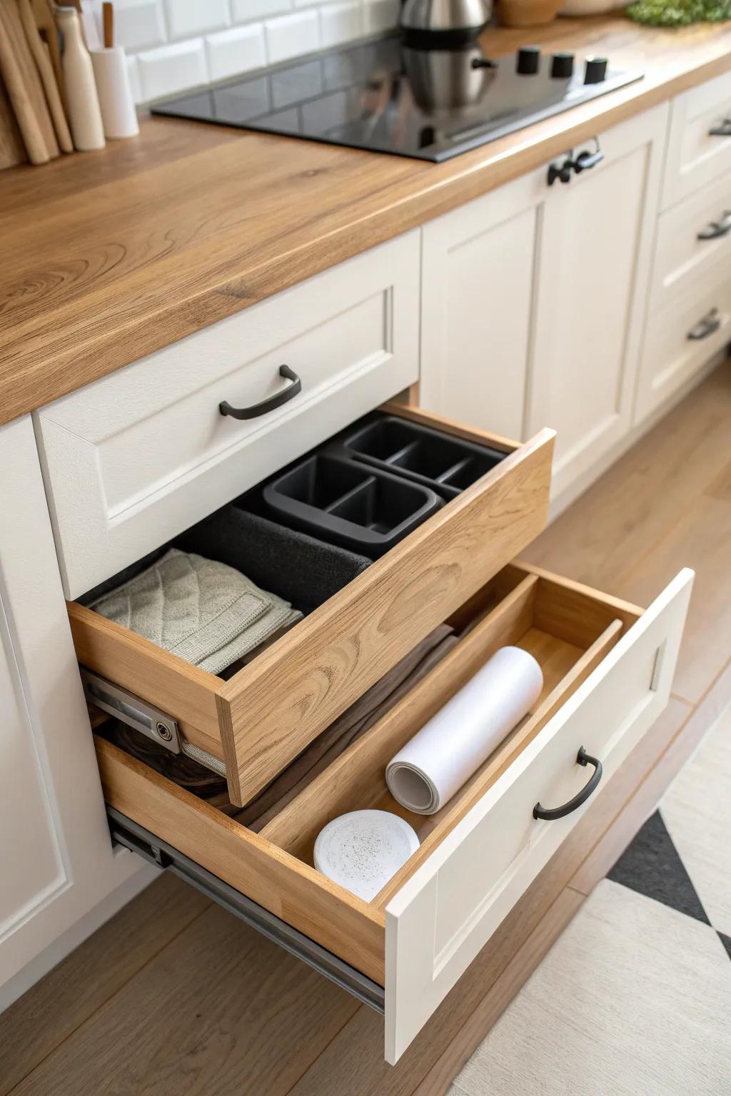 Secret storage win: a toe-kick drawer hides baking sheets and wraps in plain sight.