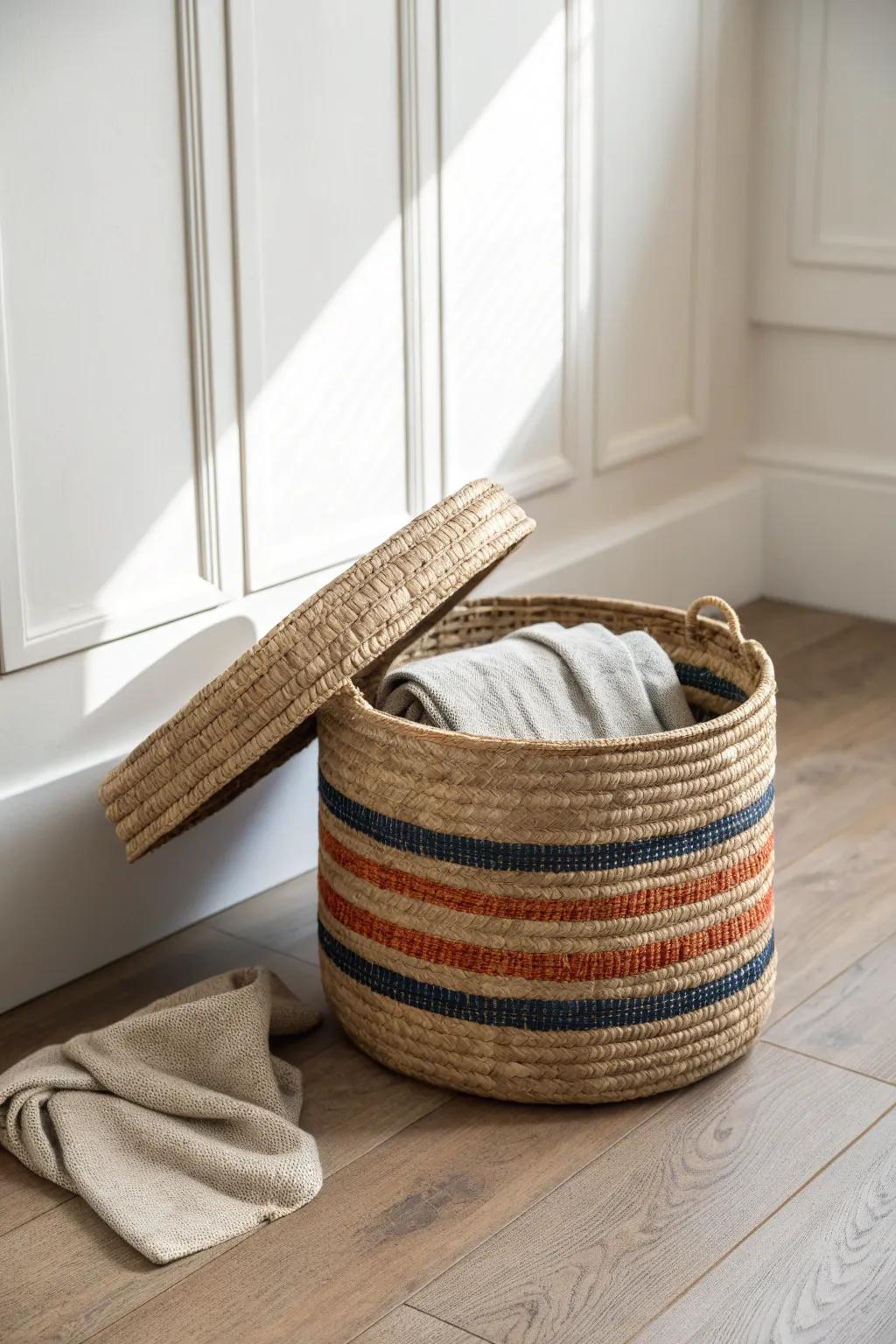 Pretty on purpose: a lidded woven basket that hides tiny-house clutter in plain sight.
