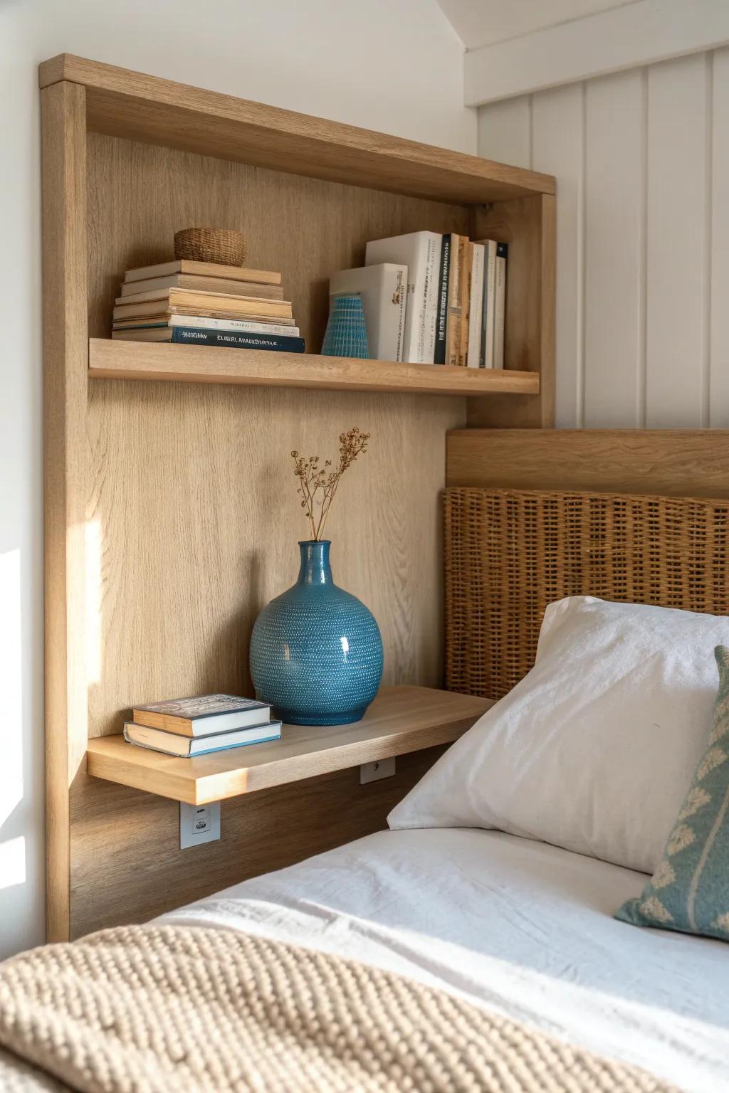 Swap nightstands for a headboard shelf—tiny-room win with style and zero clutter.