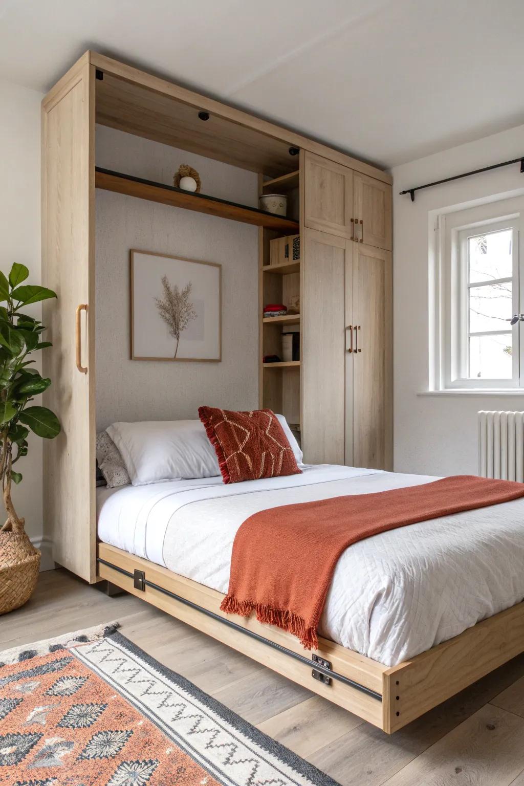 Fold-down bed = daytime floor space—minimal, crafted, and a tiny-room wow factor.