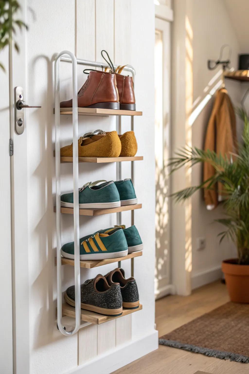 Wall-mounted shoe storage keeps tiny bedroom floors clear and mornings effortlessly tidy.