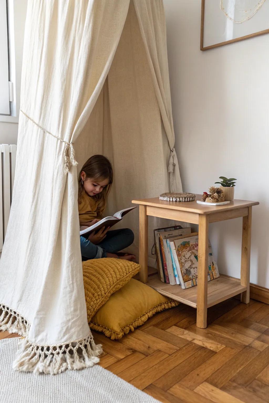Turn a tiny table into a cozy toddler reading den with curtains and one bold cushion.